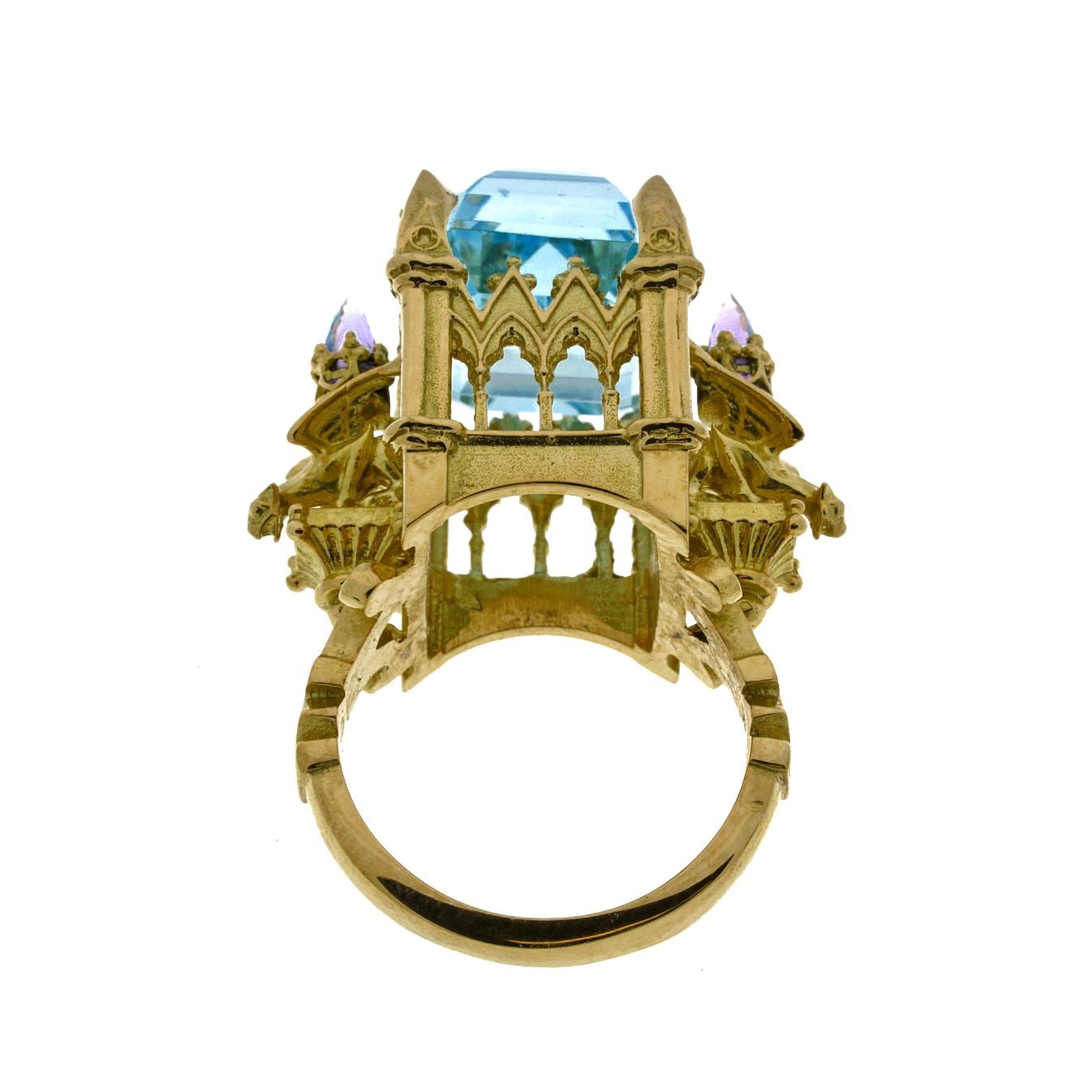 La Gargouille Cathedral Ring 18 Karat Yellow Gold Topaz and Amethyst For Sale 1