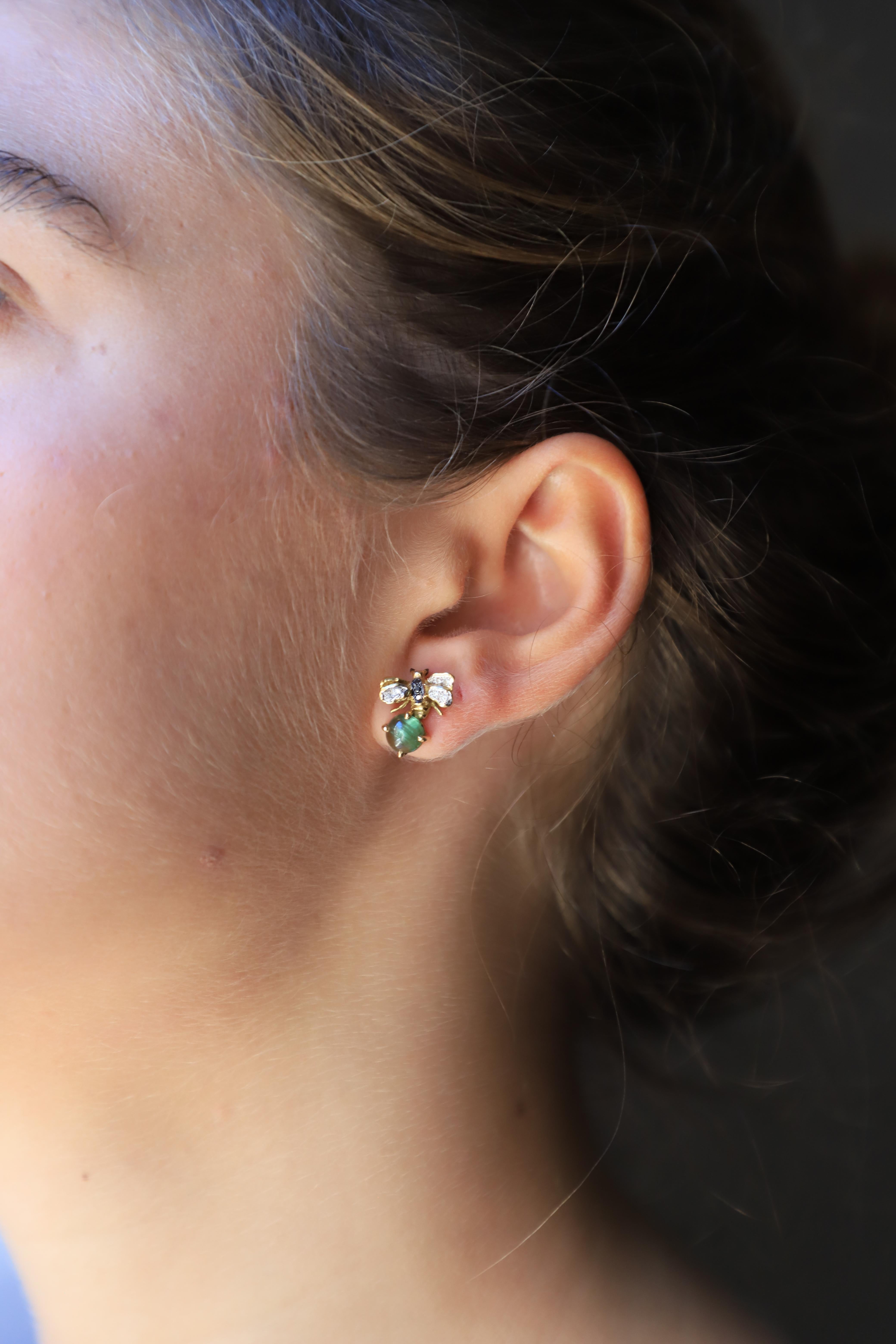 Femenino o masculino Pendientes de oro amarillo de 18 quilates con turmalina y diamantes blancos de 0,10 quilates con forma de abeja en venta