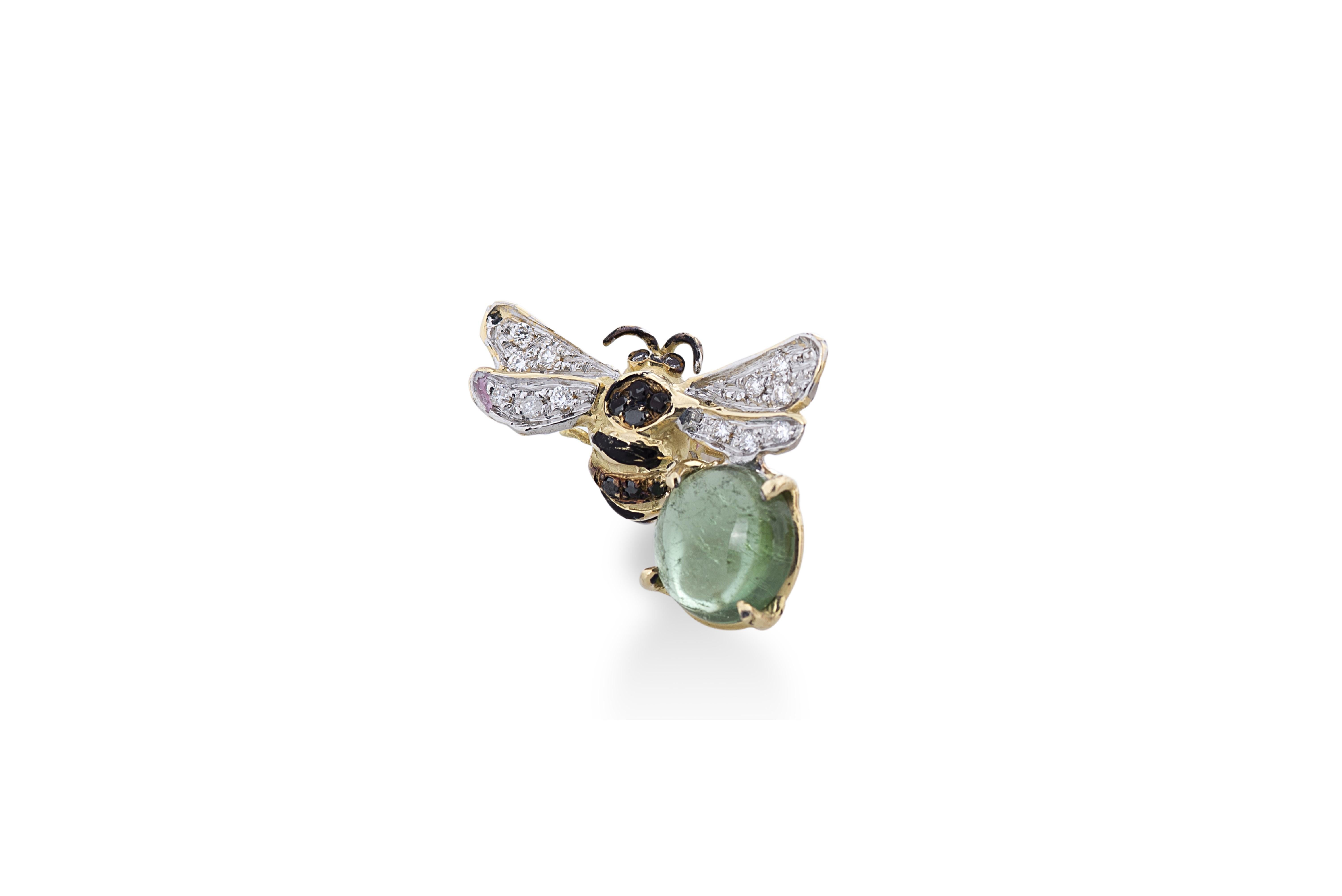 Green and Rose Tourmaline 0.35 Karats Diamonds 18 Karat Gold Bees Stud Earrings For Sale 5