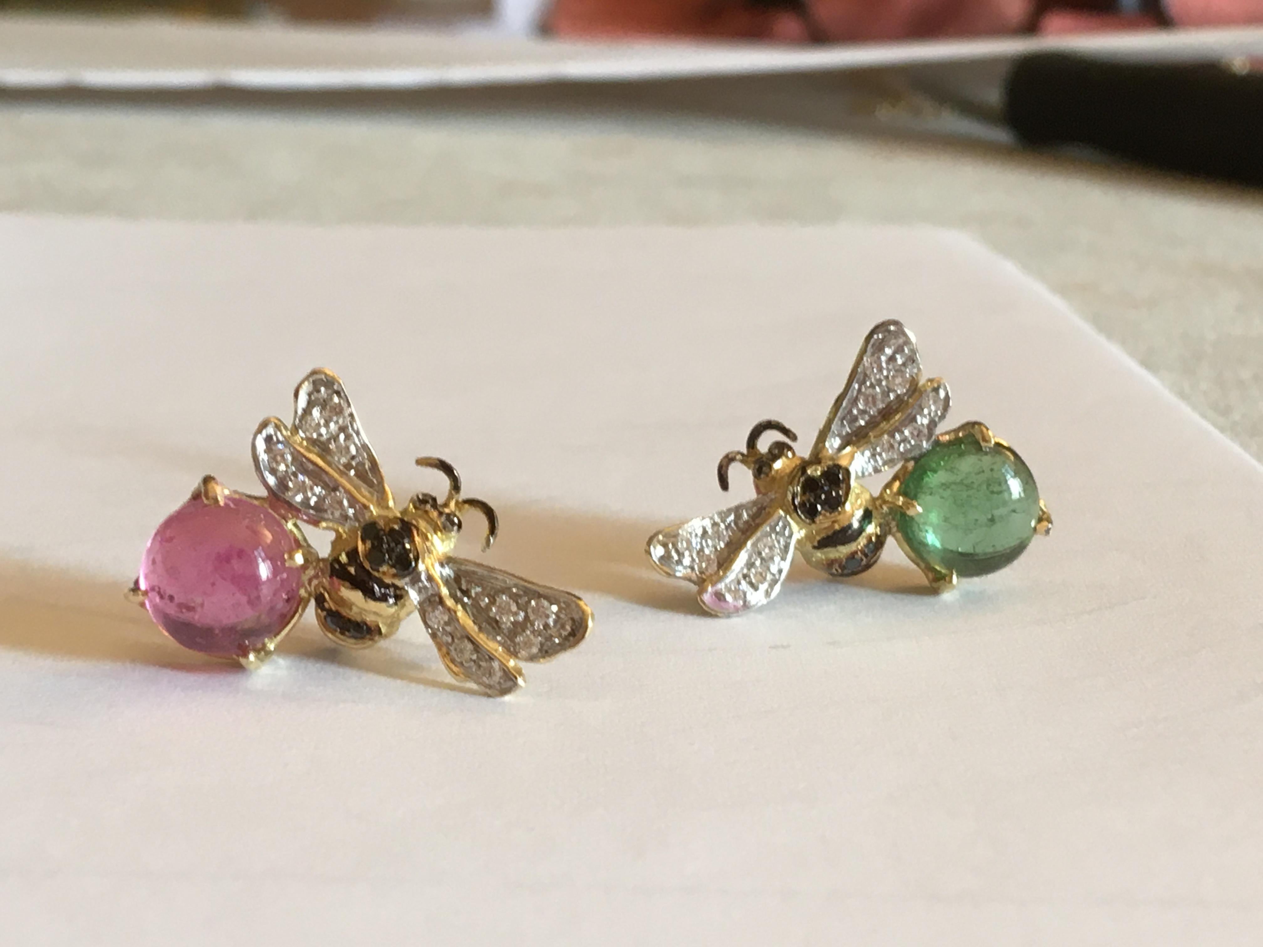 Green and Rose Tourmaline 0.35 Karats Diamonds 18 Karat Gold Bees Stud Earrings For Sale 6