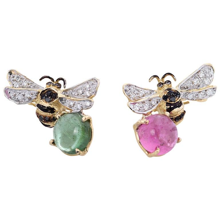 Green and Rose Tourmaline 0.35 Karats Diamonds 18 Karat Gold Bees Stud Earrings In New Condition For Sale In Rome, IT
