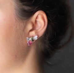 Green and Rose Tourmaline 0.35 Karats Diamonds 18 Karat Gold Bees Stud Earrings