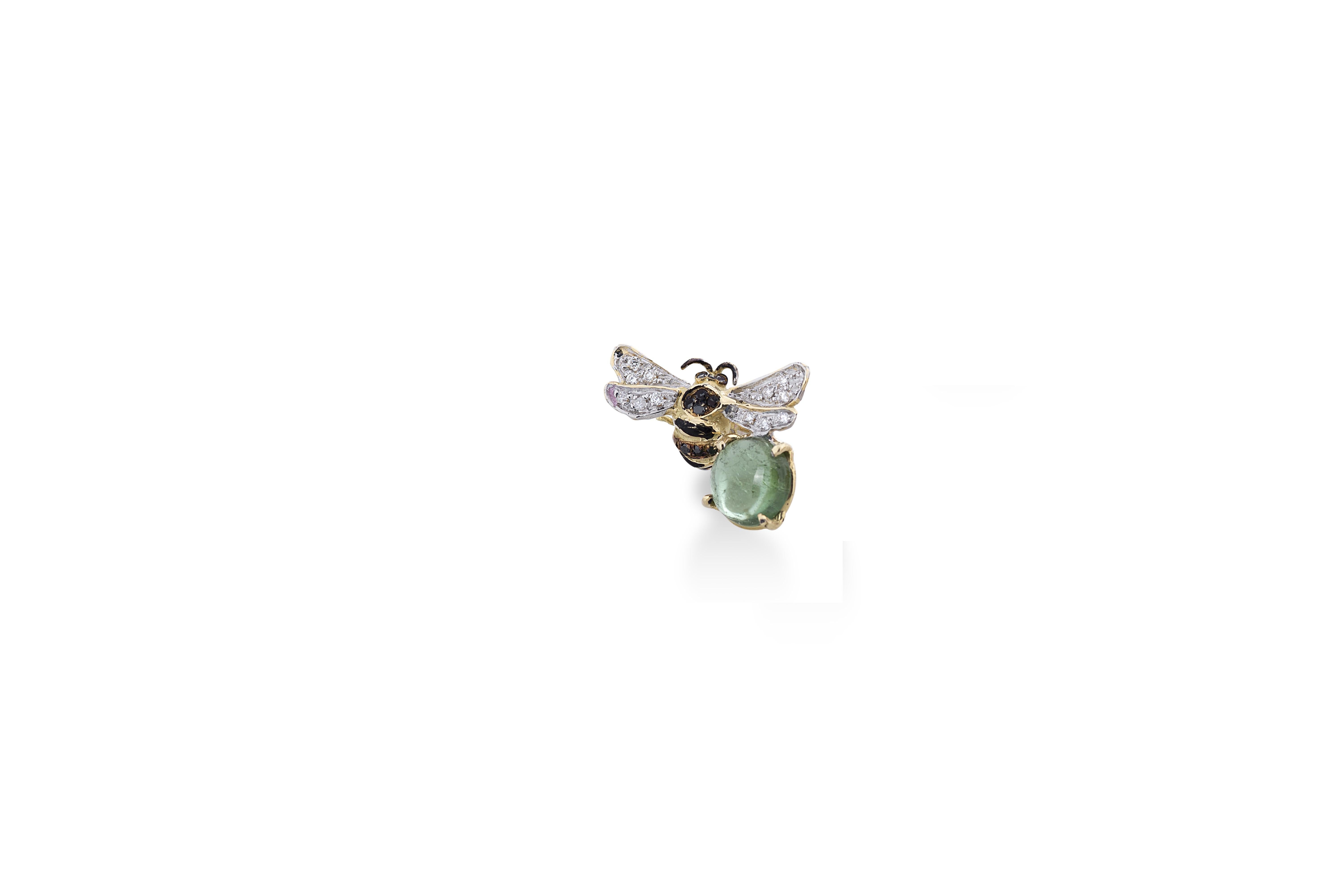 Green and Rose Tourmaline 0.35 Karats Diamonds 18 Karat Gold Bees Stud Earrings For Sale 1