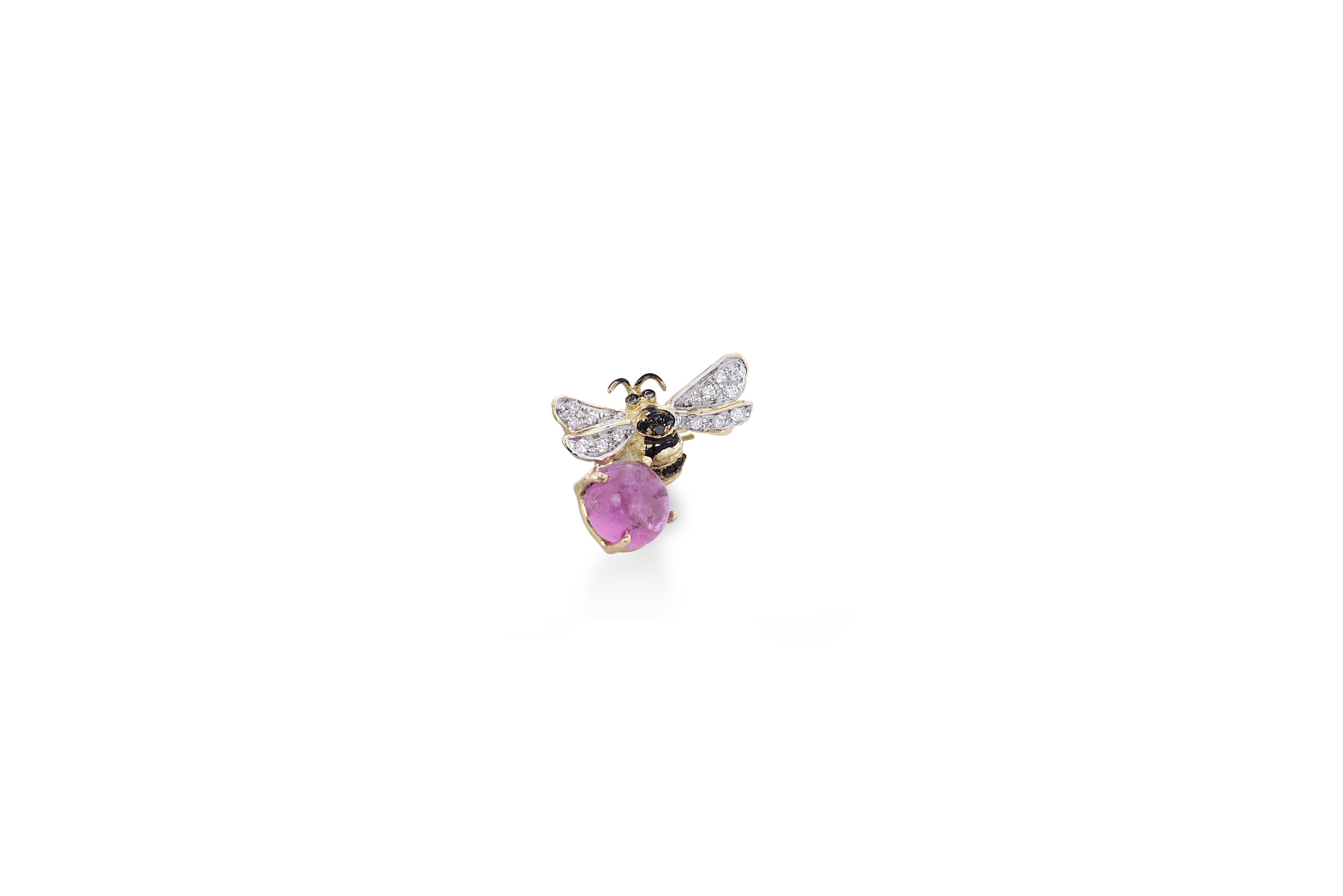 Green and Rose Tourmaline 0.35 Karats Diamonds 18 Karat Gold Bees Stud Earrings For Sale 2