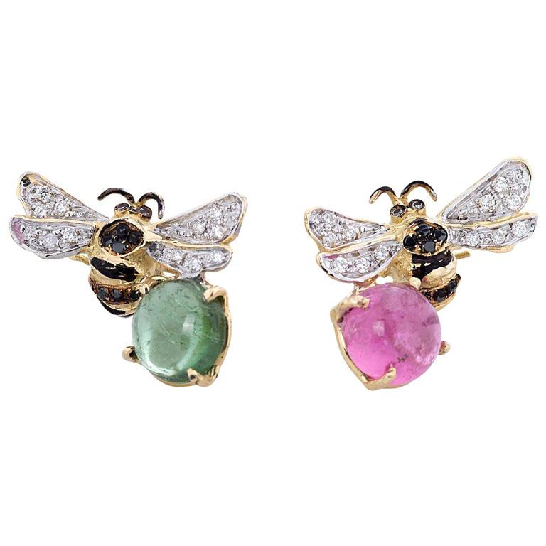 Clous d'oreilles Happy en or 18 carats avec tourmaline de 5,5 carats et diamants 0,34 carat en forme d'abeilles