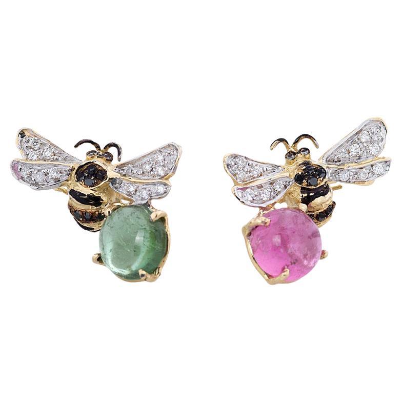 Green and Rose Tourmaline 0.35 Karats Diamonds 18 Karat Gold Bees Stud Earrings