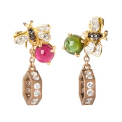 Pendientes colgantes de oro amarillo de 18 quilates con turmalina y 0,71 diamantes blancos en forma de hexágono