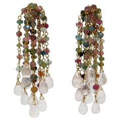 18 Karat Yellow Gold Tourmaline and Rose Quartz Gold Bead Drop Earrings