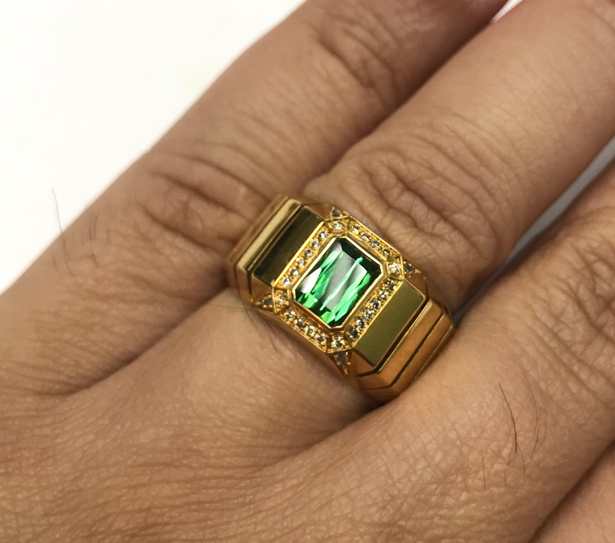 Emerald Cut 18 Karat Yellow Gold Tourmaline Brown Diamond Male Ring