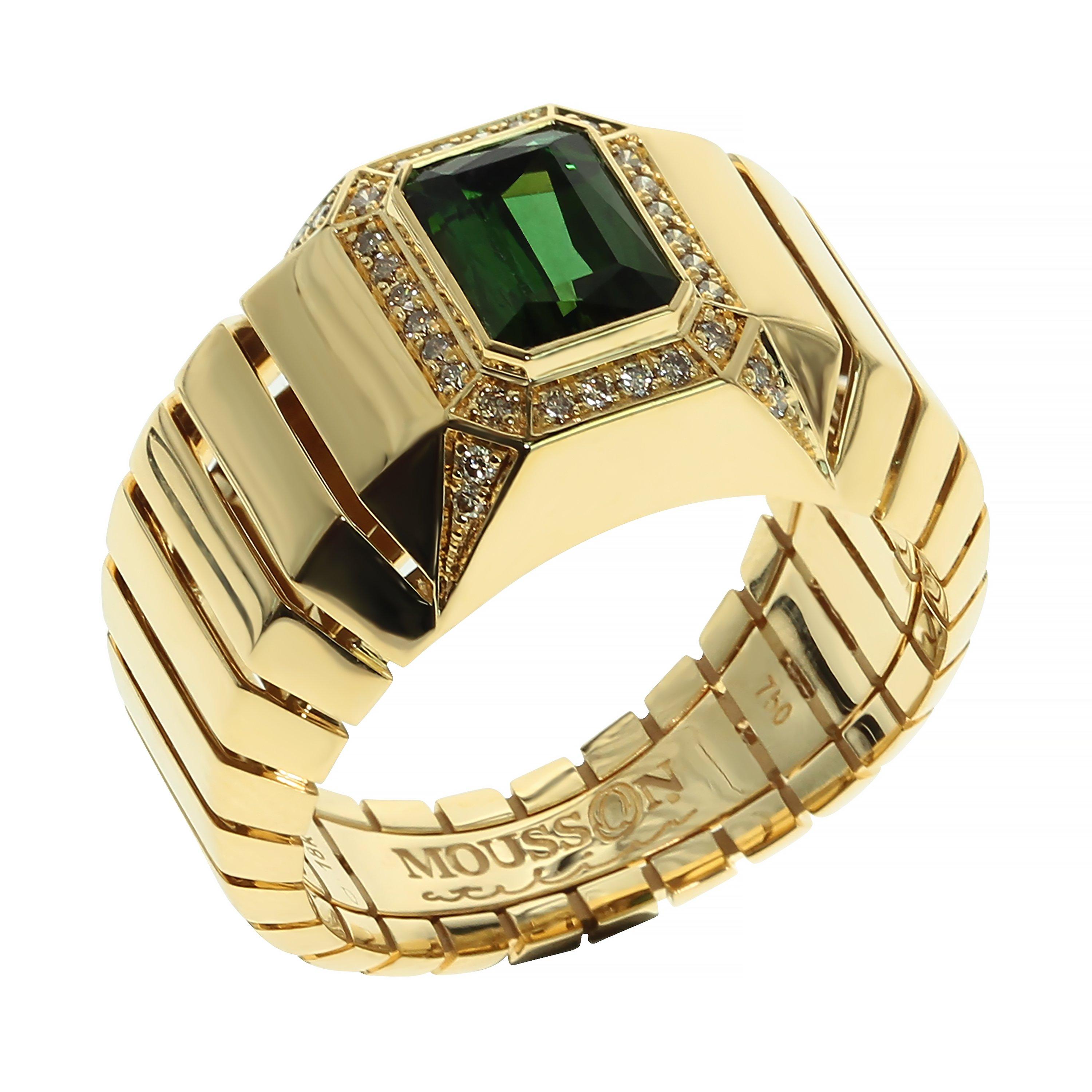 18 Karat Yellow Gold Tourmaline Brown Diamond Male Ring For Sale
