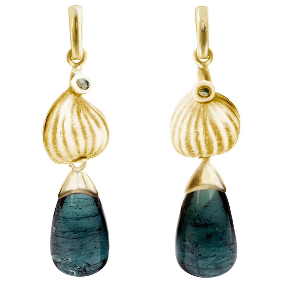 Pendientes Contemporáneos de Turmalina de Oro Amarillo de Dieciocho Kilates con Diamantes