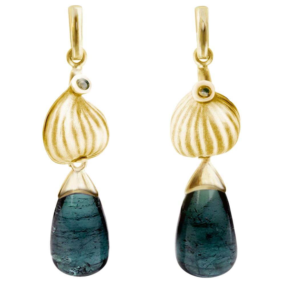 Boucles d'oreilles contemporaines en or jaune 18 carats avec tourmaline et diamants