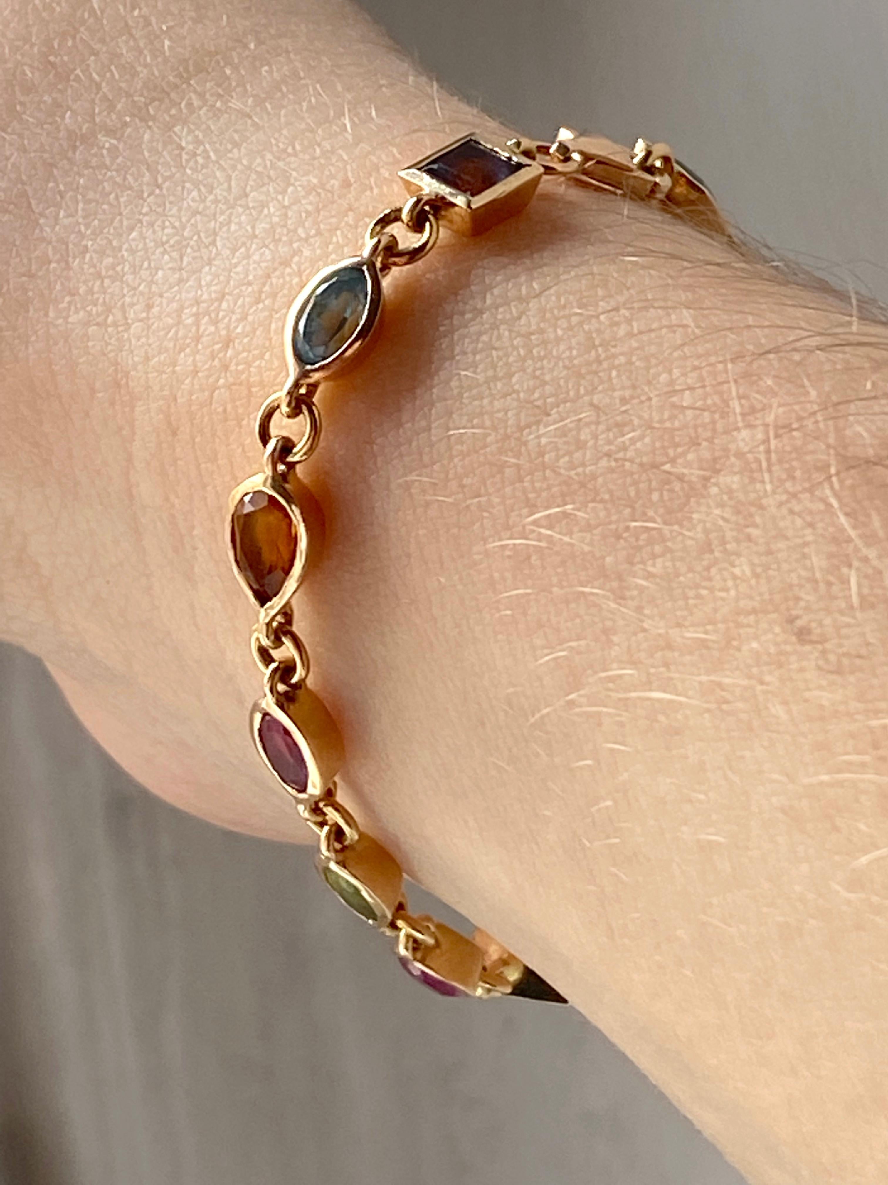 Modern Rossella Ugolini Multicolor Gemstone Handcrafted 18K Gold Tennis Bracelet For Sale