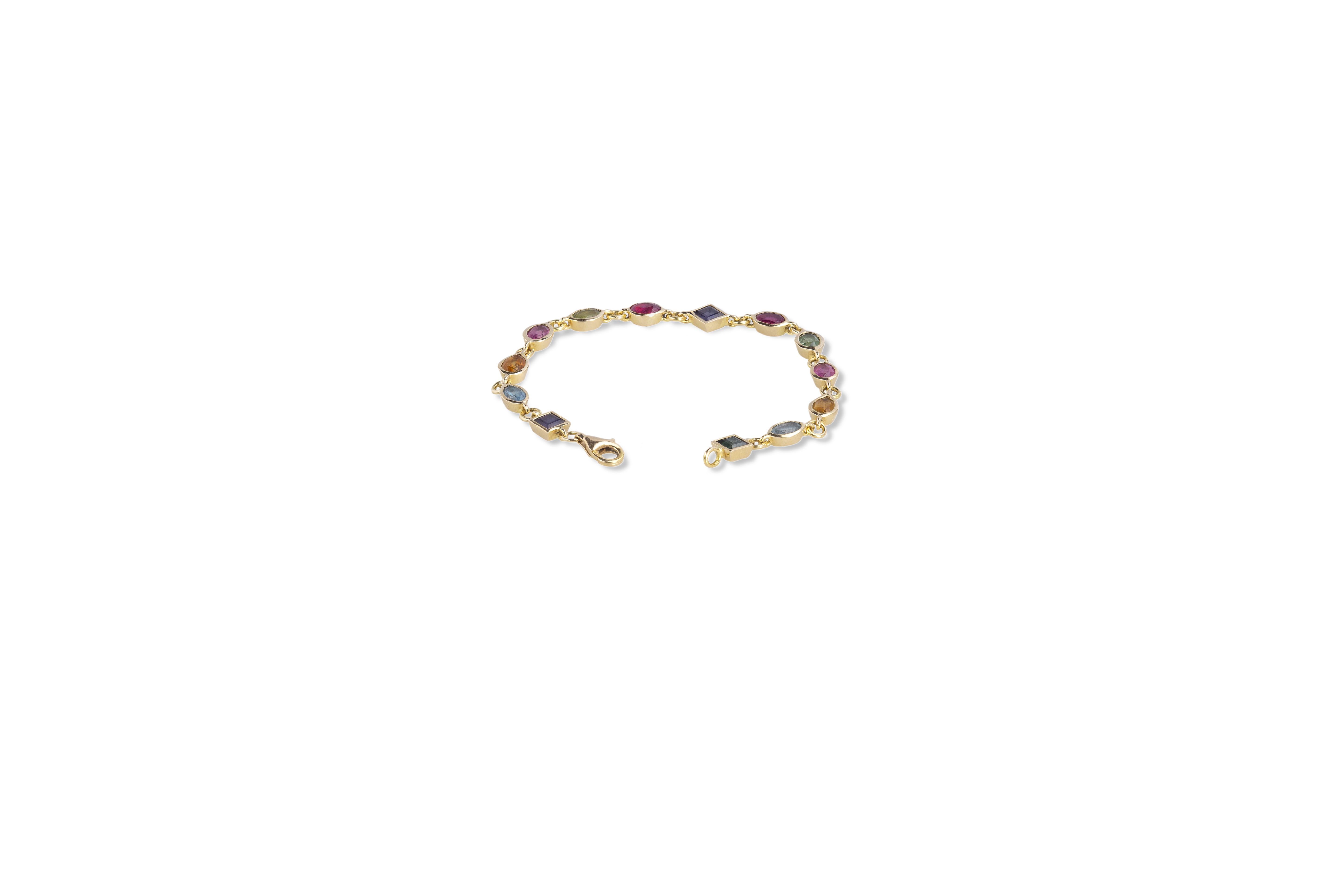 Artisan Rossella Ugolini Multicolor Gemstone Handcrafted 18K Gold Tennis Bracelet For Sale