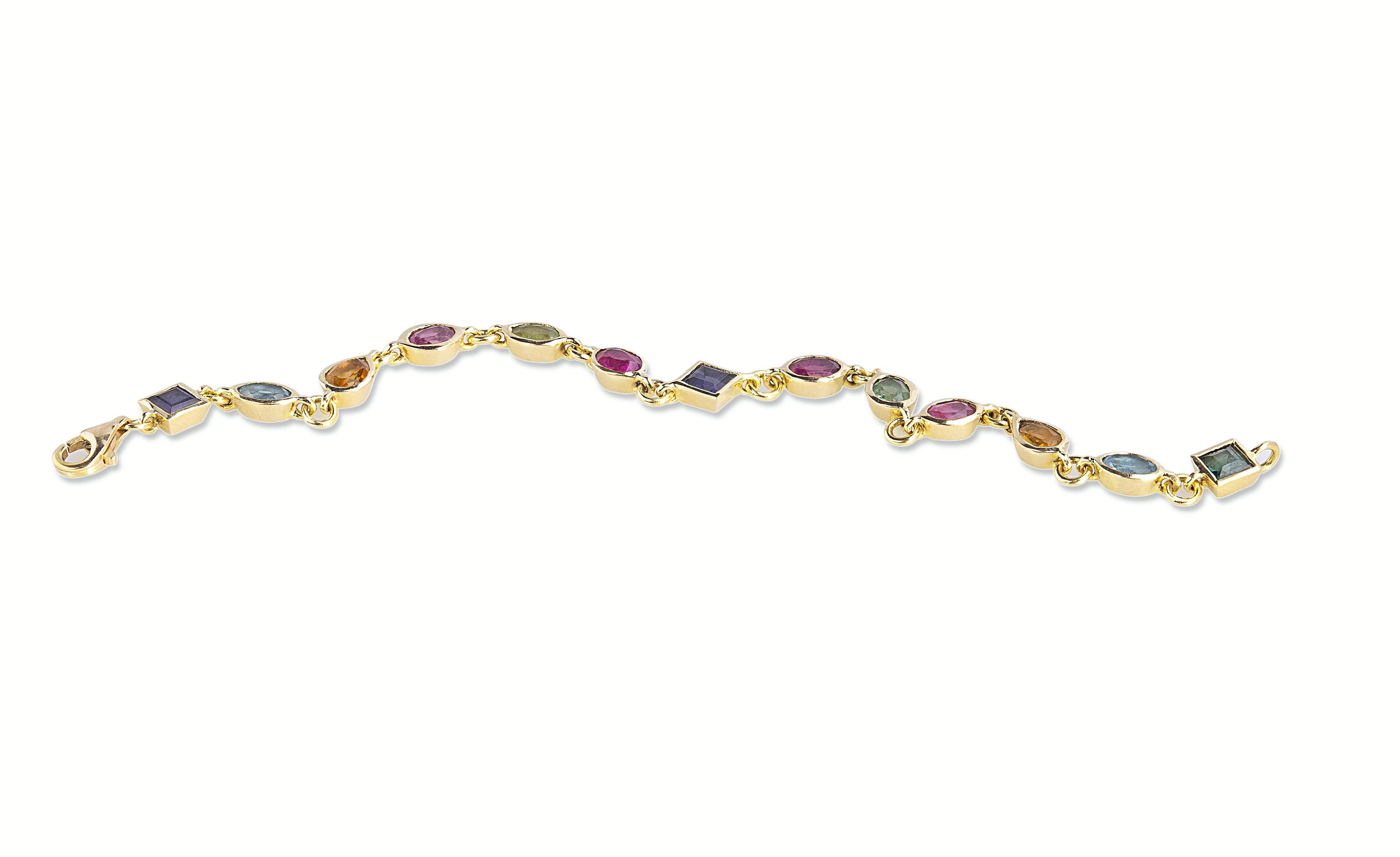 18 Karat Yellow Gold Tourmaline Multicolour Chain Handcrafted Tennis Bracelet For Sale 3