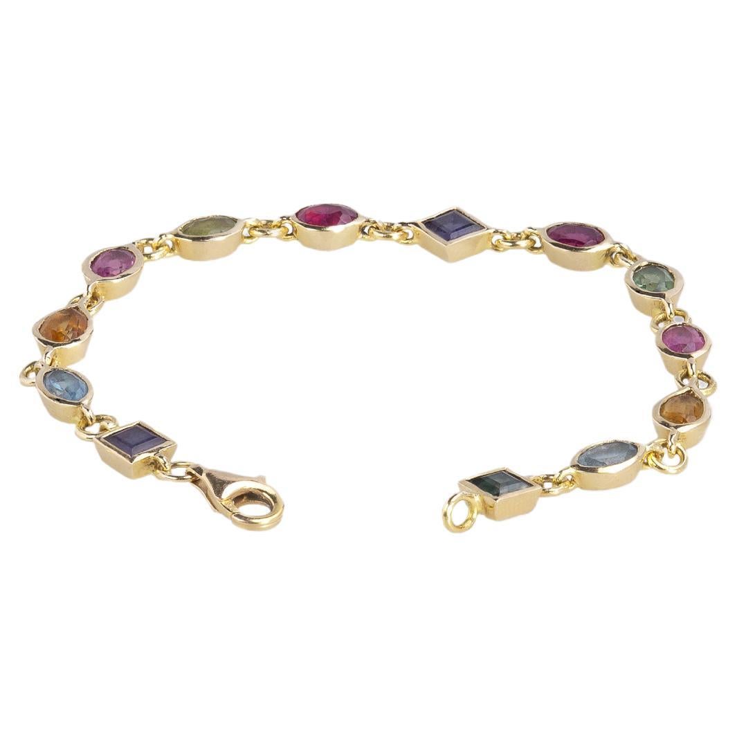 18 Karat Yellow Gold Tourmaline Multicolour Chain Handcrafted Tennis Bracelet For Sale