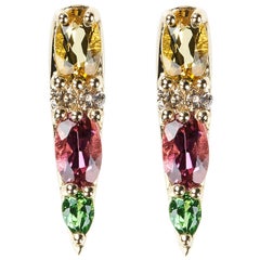 18 Karat Yellow Gold Tourmaline Tsavorite Yellow Beryl Stud Earrings