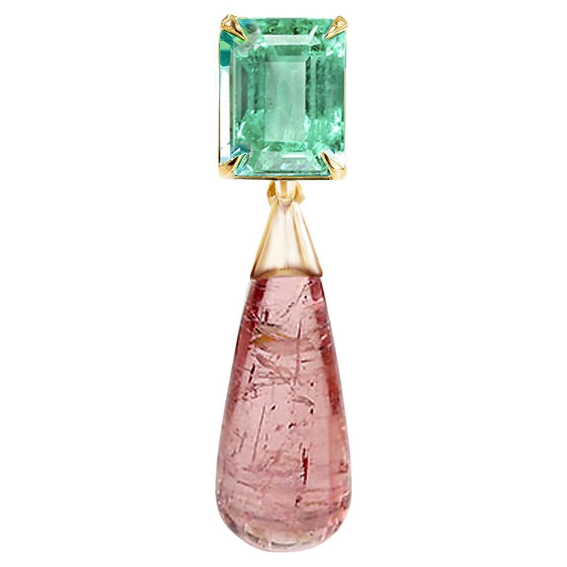 Yellow Gold Transformer Artisan Brooch with Emerald and Pink Tourmaline  For Sale