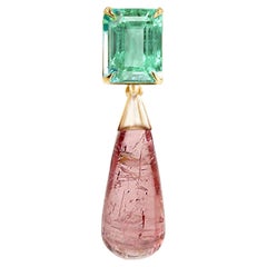 Yellow Gold Transformer Artisan Brooch with Emerald and Pink Tourmaline 