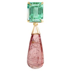 Yellow Gold Transformer Artisan Brooch with Emerald and Pink Tourmaline