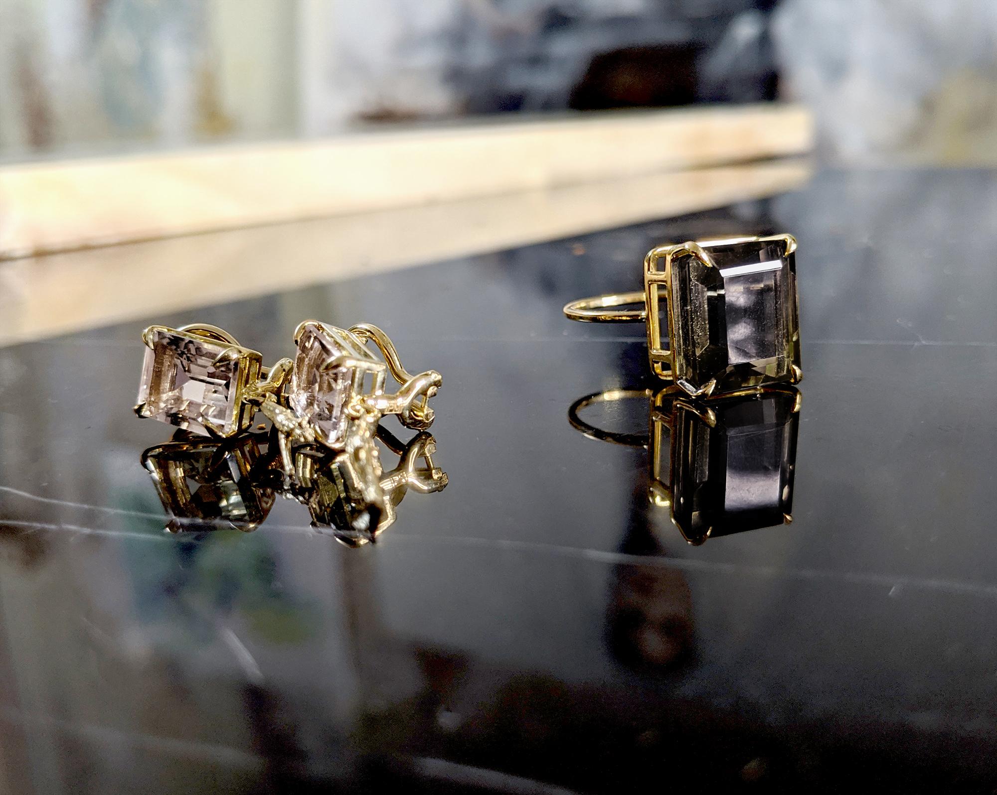 18 Karat Yellow Gold Transformer Clip-on Earrings with Mint Quartz and Amethysts For Sale 1