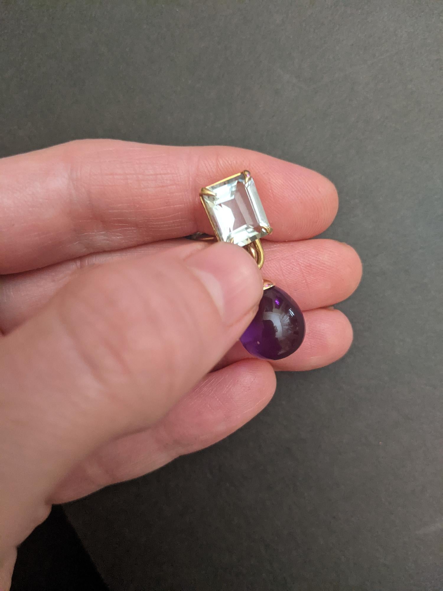 18 Karat Yellow Gold Transformer Clip-on Earrings with Mint Quartz and Amethysts For Sale 3