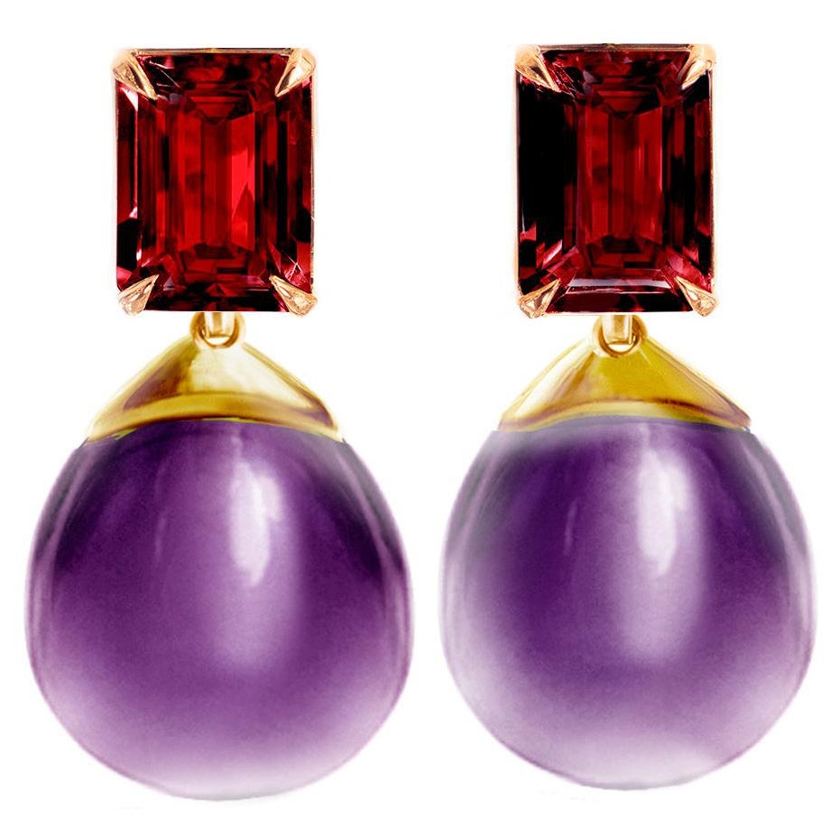 18 Karat Gelbgold Transformer Clip-on-Ohrringe mit Rubinen und Amethysten