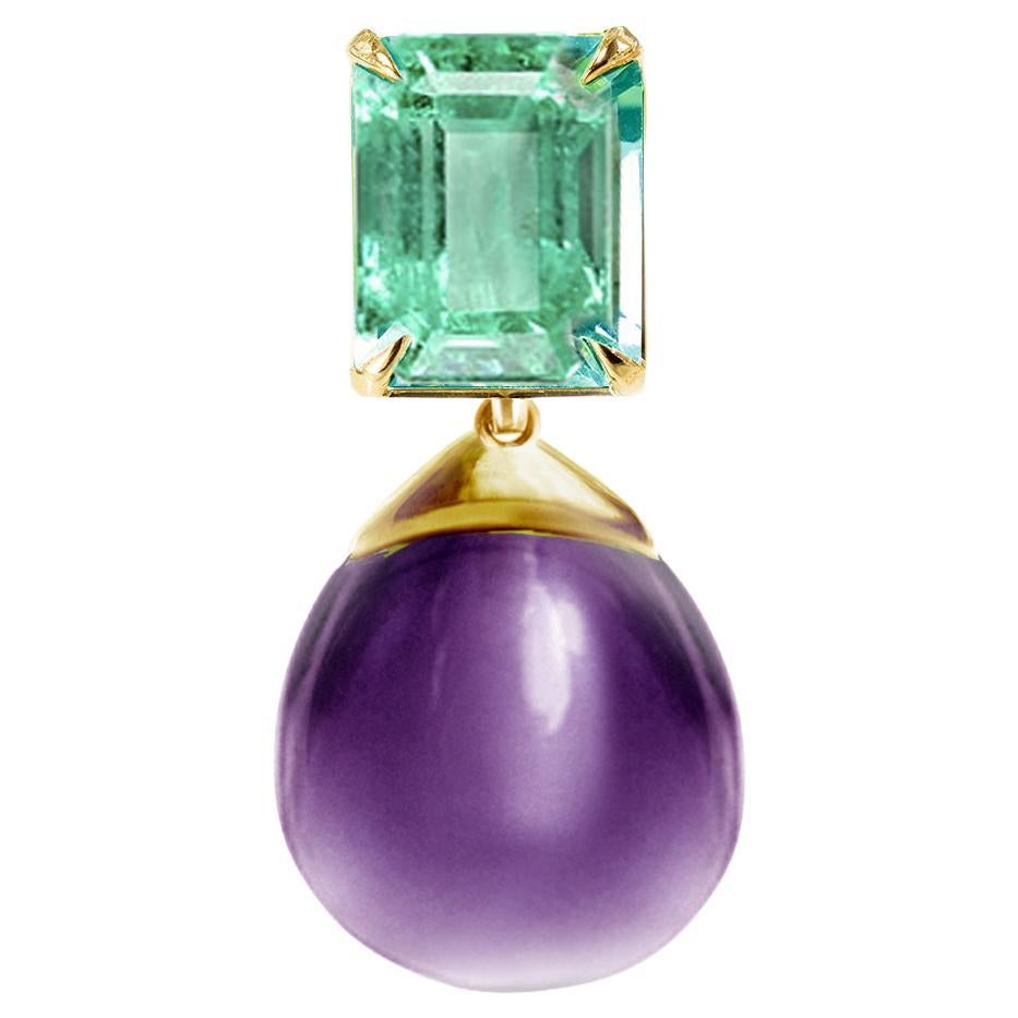 Eighteen Karat Yellow Gold Transformer Drop Brooch with Emerald and Amethyst For Sale