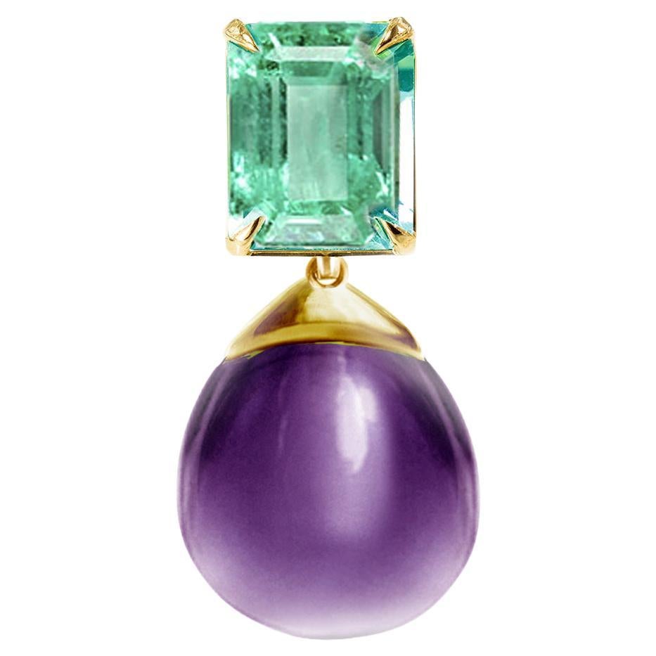 Eighteen Karat Yellow Gold Transformer Drop Brooch with Emerald and Amethyst