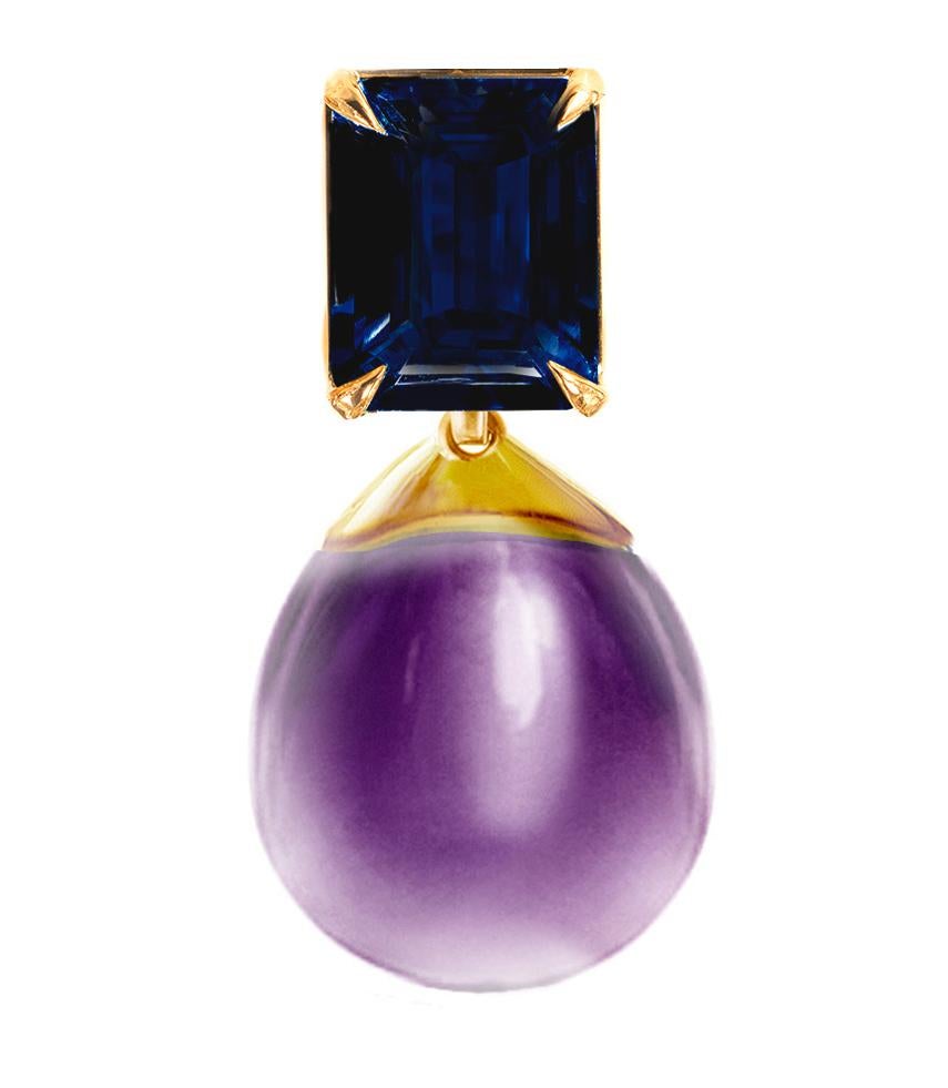 Contemporary Eighteen Karat Yellow Gold Transformer Drop Brooch with Sapphire and Amethyst For Sale