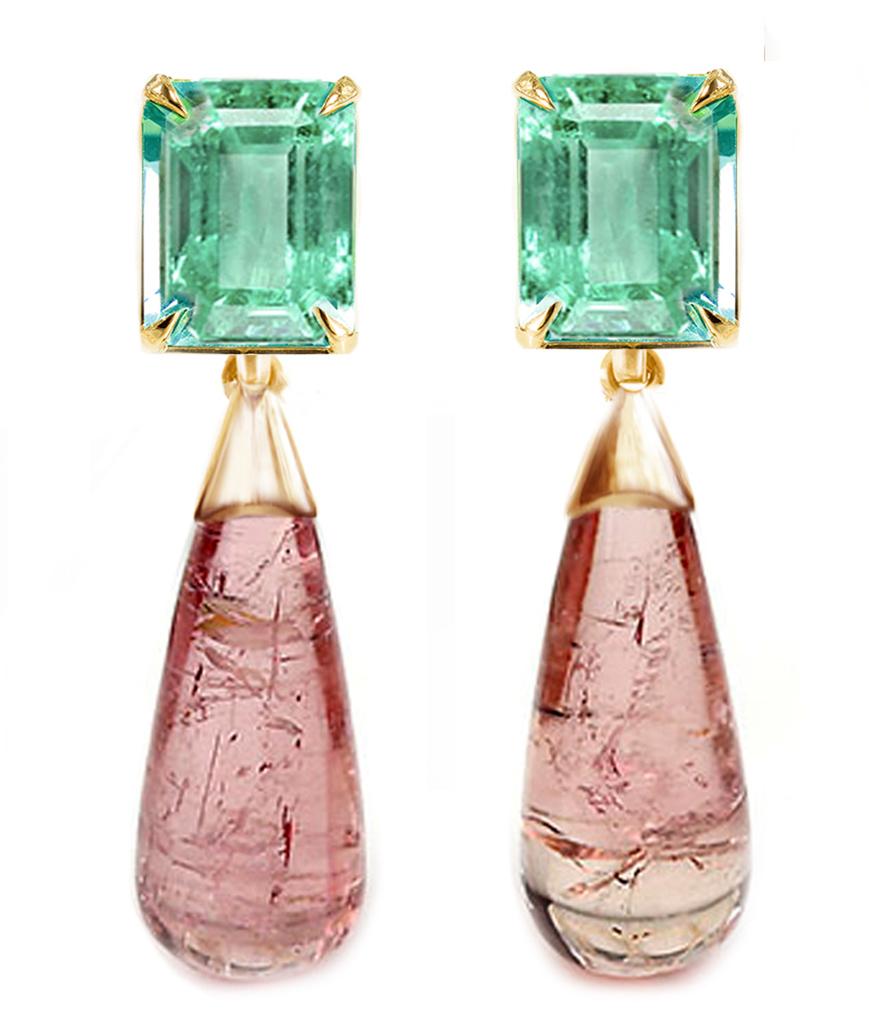 Contemporary Yellow Gold Transformer Earrings with Emeralds and Pink Tourmalines For Sale