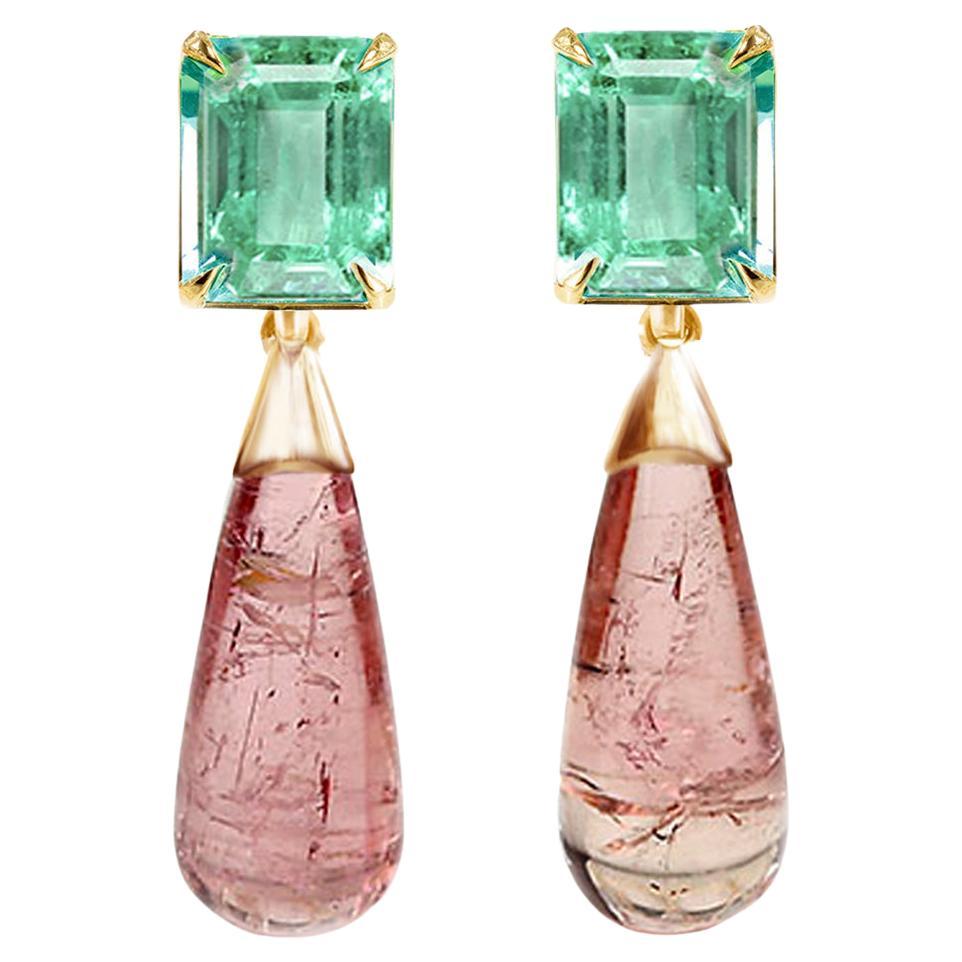 Yellow Gold Transformer Earrings with Emeralds and Pink Tourmalines For Sale
