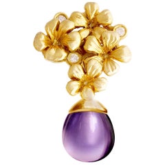 Fourteen Karat Yellow Gold Transformer Modern Brooch with Diamonds and Amethyst