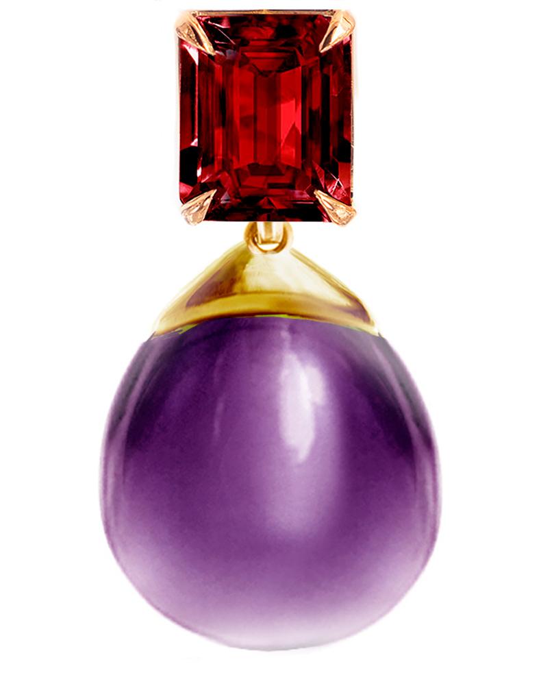 Contemporary Eighteen Karat Yellow Gold Transformer Pendant Necklace with Ruby and Amethyst For Sale