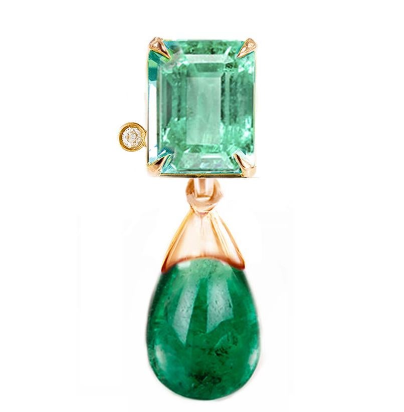 Emerald Cut Eighteen Karat Gold Transformer Stud Earrings with Emeralds and Diamonds For Sale