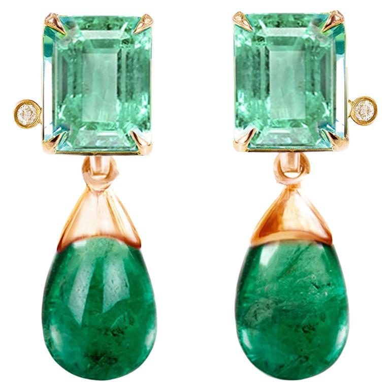 Eighteen Karat Gold Transformer Stud Earrings with Emeralds and Diamonds