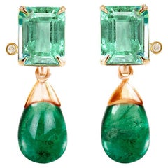 Eighteen Karat Gold Transformer Stud Earrings with Emeralds and Diamonds