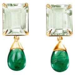 18 Karat Yellow Gold Transformer Stud Earrings with Emeralds and Mint Quartzes