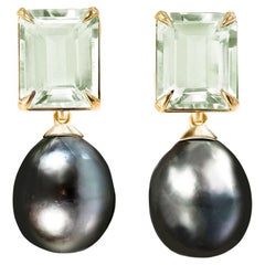 Eighteen Karat Yellow Gold Transformer Stud Earrings with Tahitian Black Pearls