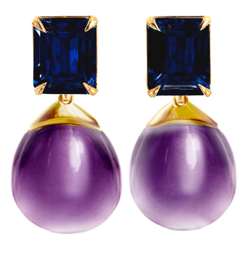 Women's Eighteen Karat Yellow Gold Sapphires Contemporary Stud Earrings with Amethysts For Sale