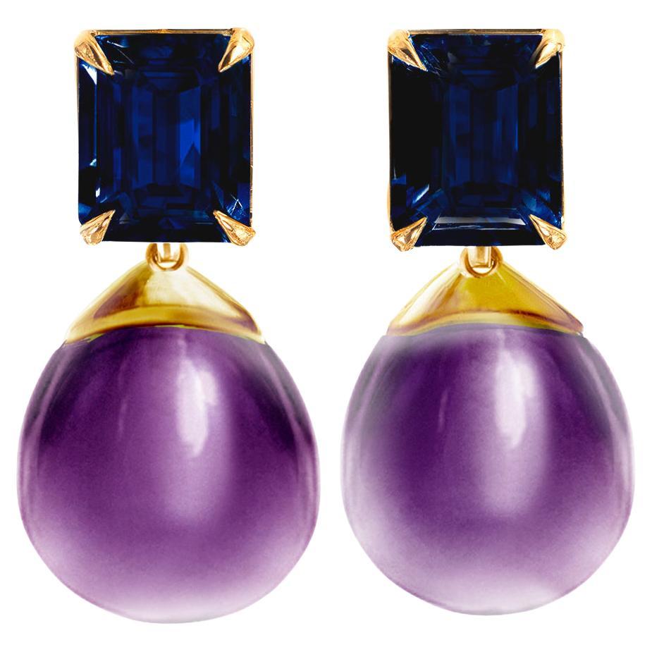 Eighteen Karat Yellow Gold Sapphires Contemporary Stud Earrings with Amethysts For Sale