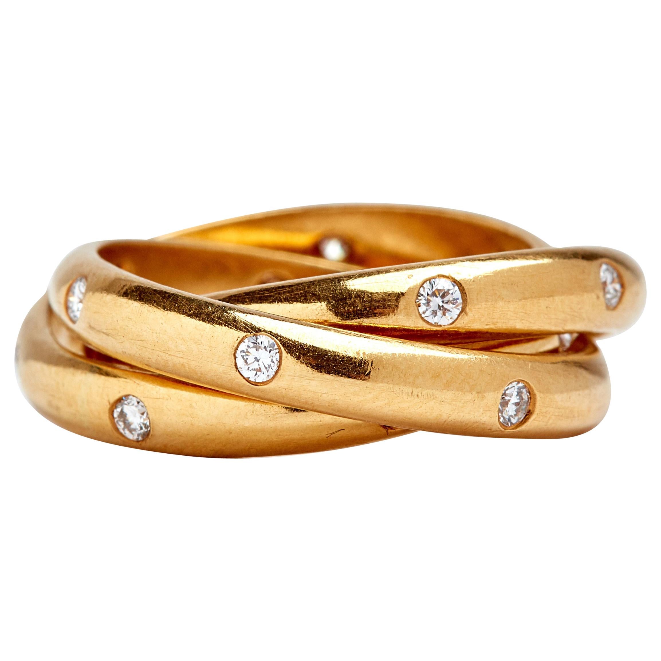 18 Karat Yellow Gold Triple Rolling Ring with Diamonds