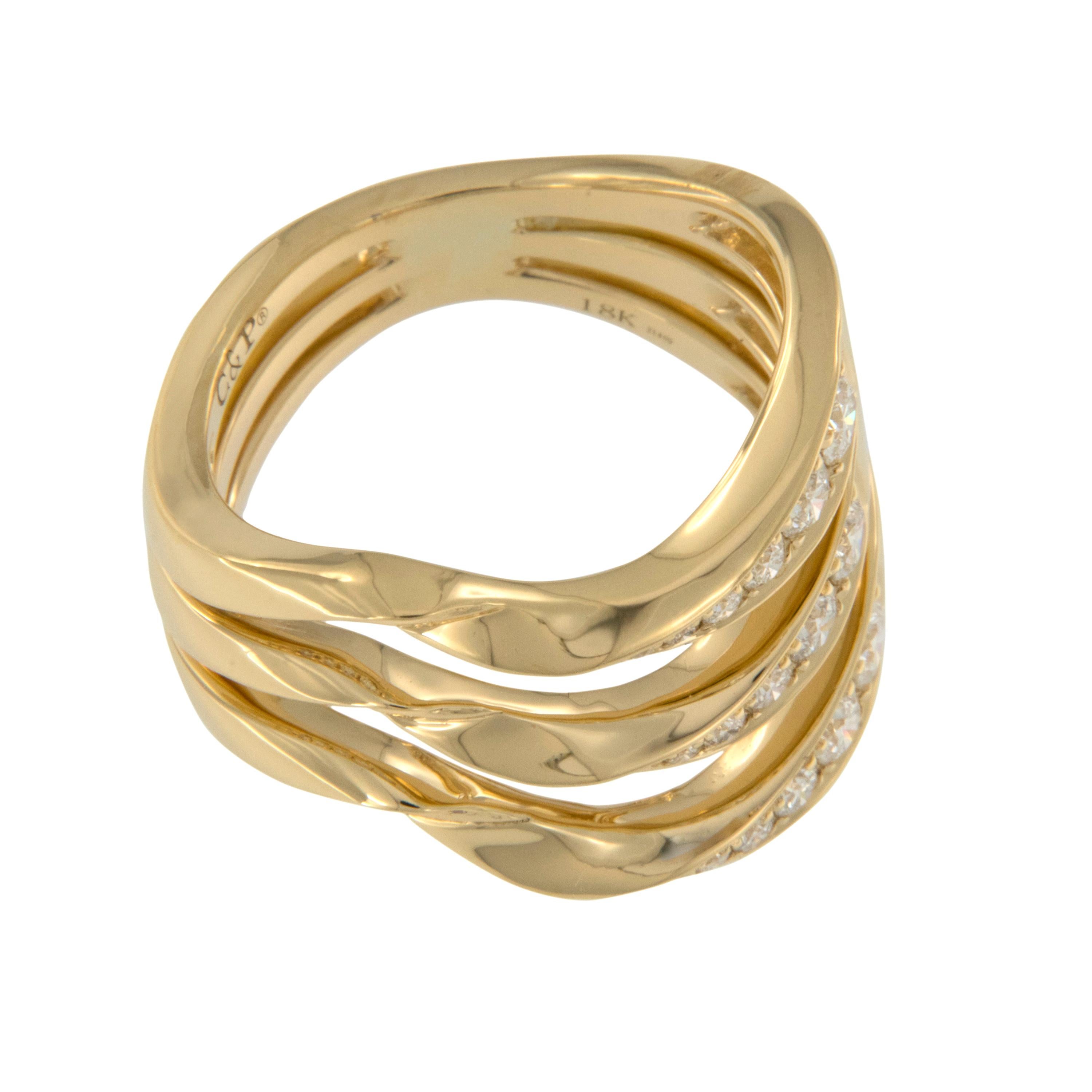 Round Cut 18 Karat Yellow Gold Triple Row Diamond Fashion Band Ring For Sale