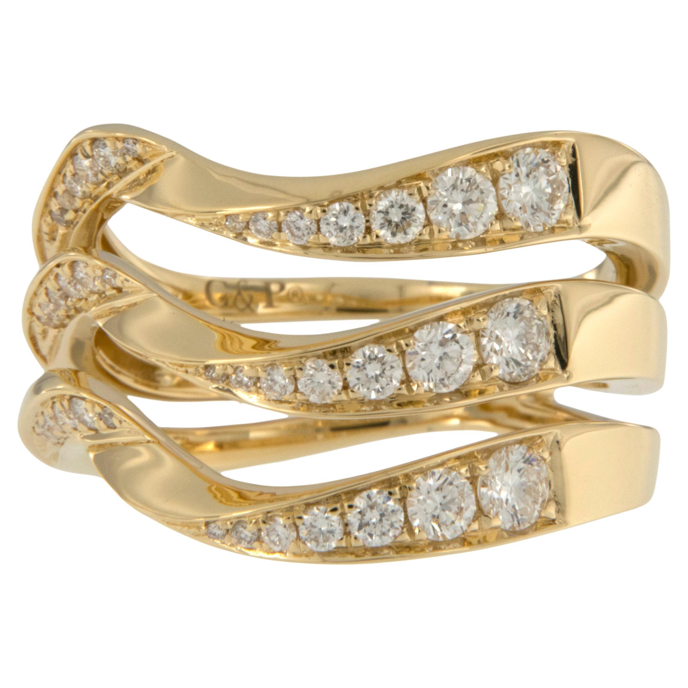 18 Karat Yellow Gold Triple Row Diamond Fashion Band Ring For Sale