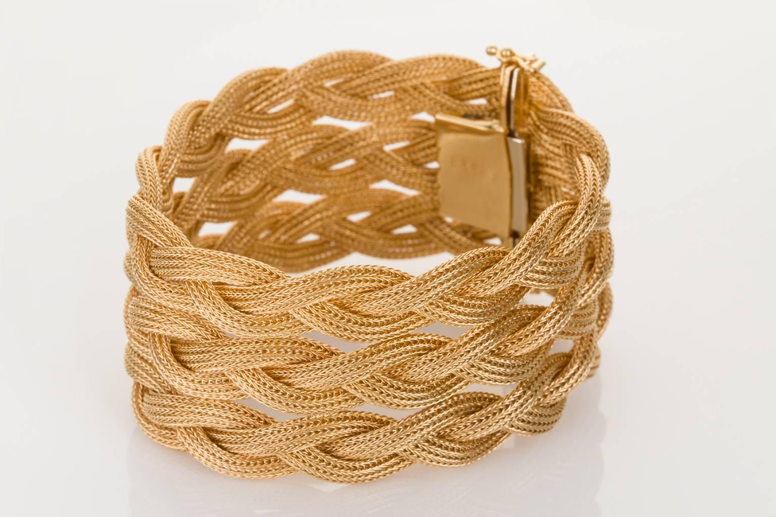 Contemporary 18 Karat Yellow Gold Triple Strand Plaited Woven Bracelet