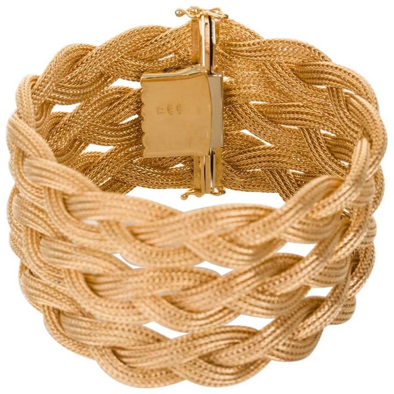 18 Karat Yellow Gold Triple Strand Plaited Woven Bracelet at 1stDibs
