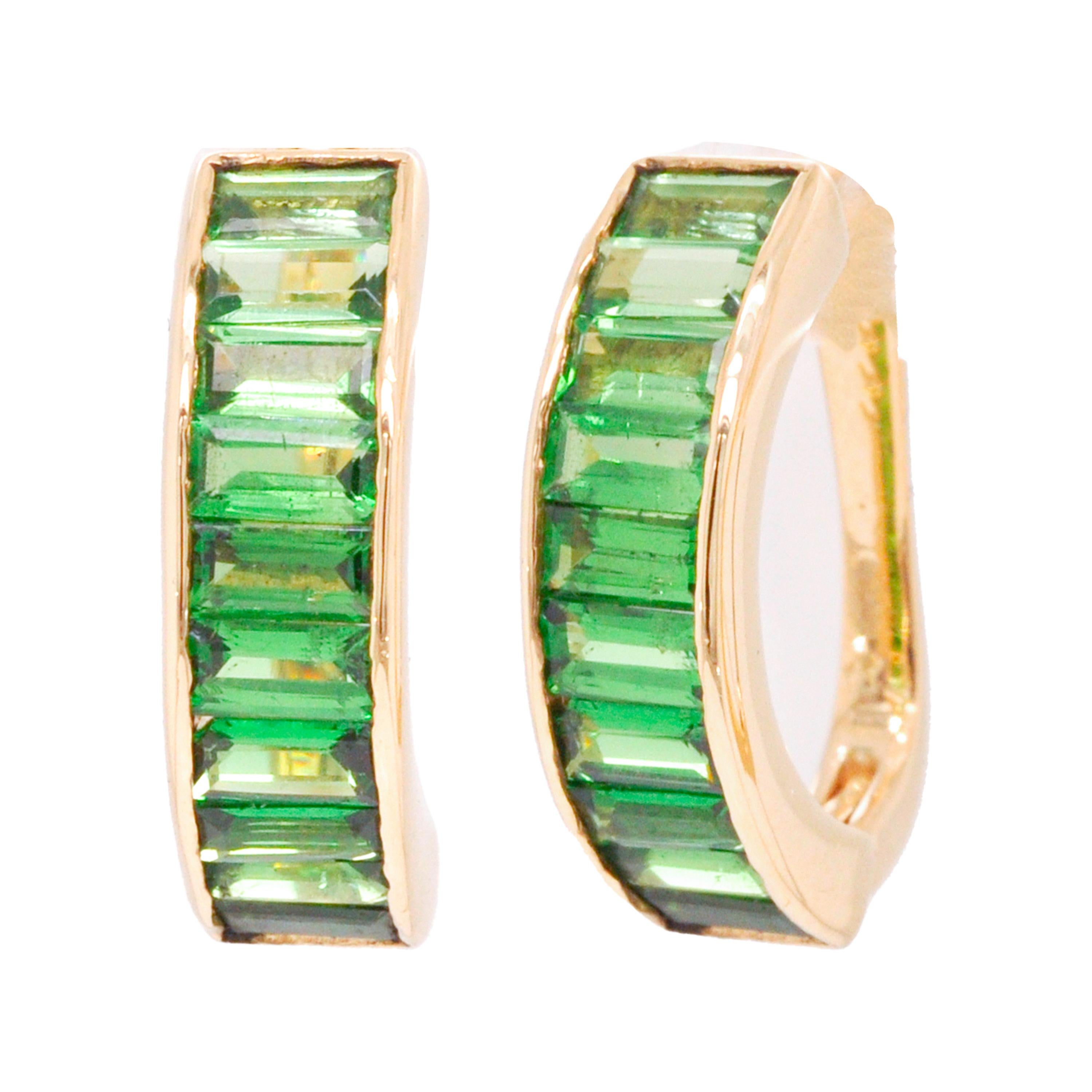 18 Karat Yellow Gold Tsavorite 4x2 MM Baguette Linear Bar Earrings For Sale 6