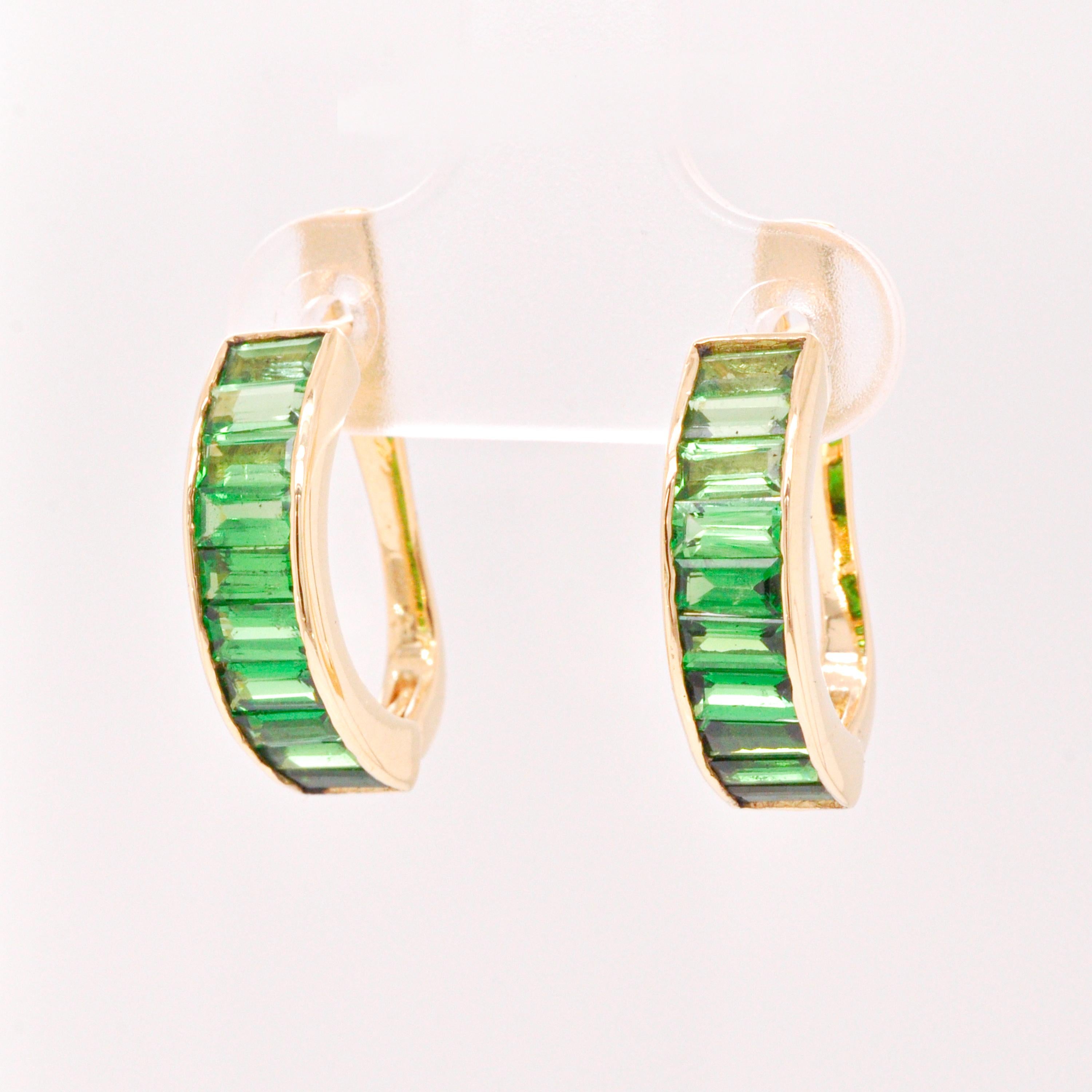 Baguette Cut 18 Karat Yellow Gold Tsavorite 4x2 MM Baguette Linear Bar Earrings For Sale