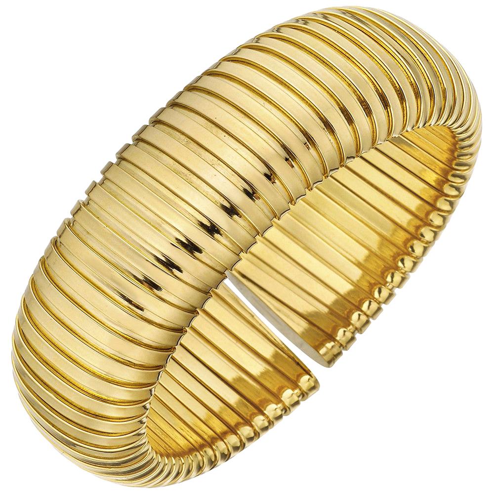 18 Karat Yellow Gold Tubogas Wide Cuff For Sale