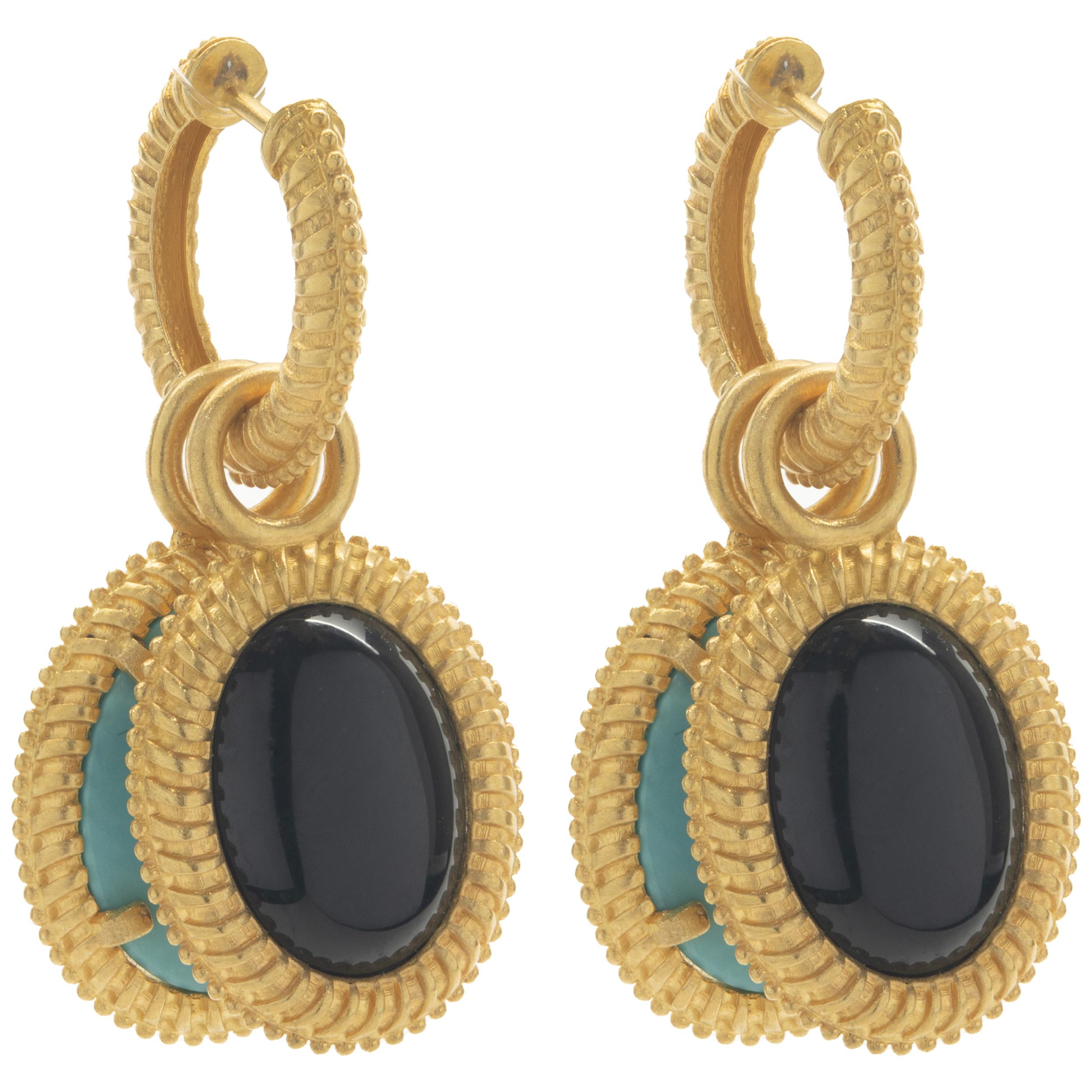 Uncut 18 Karat Yellow Gold Turquoise and Black Onyx Swap Drop Earrings For Sale